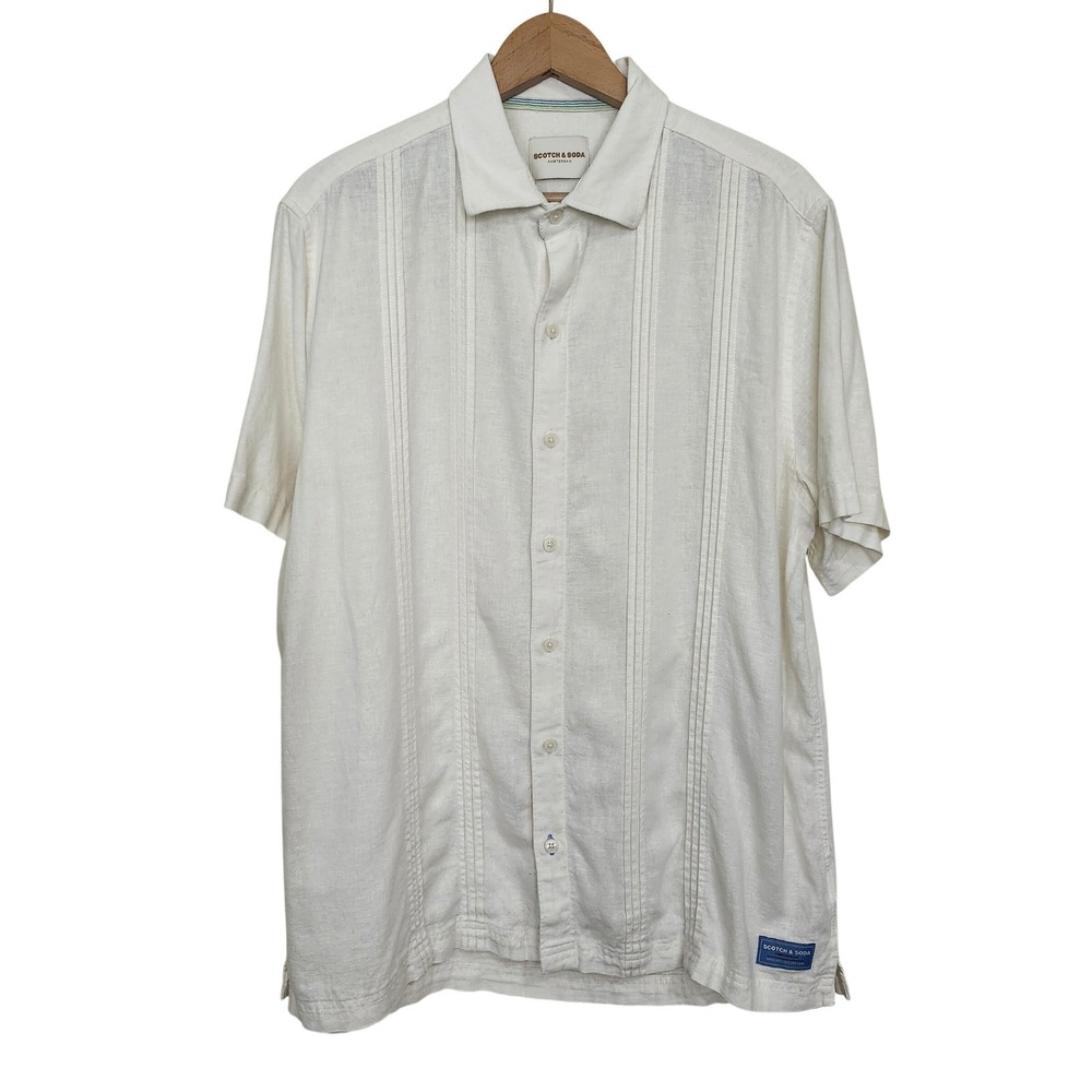Scotch & Soda Button Down Shirt Men Large Ivory Linen Blend Pintuck Short Sleeve